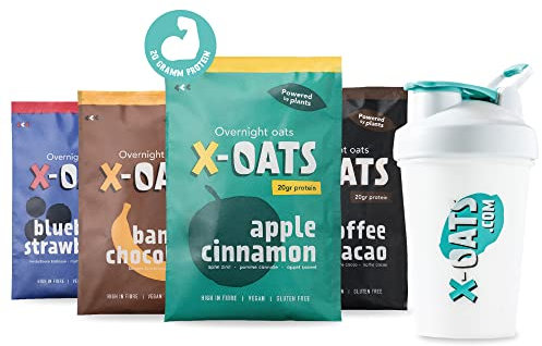 X-OATS® Frühstücksshake mit viel Protein und Ballaststoffen-8x70gr Porridge shake|zuckerarm, Vegan & glutenfrei|8er-Pack [2xApfel/Zimt,2xKaffee/Kakao,2xBanane/Schoko,2xBlaubeer/Erdbeer],MIT Shaker