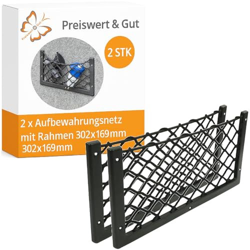 Preiswert&Gut 2er Set Aufbewahrungsnetz Auto, Robustes Gepäcknetz für mehr Stauraum, Ablagenetz zur festen Montage mit Rahmen, universal für Kofferraum und Innenraum, 302x169mm