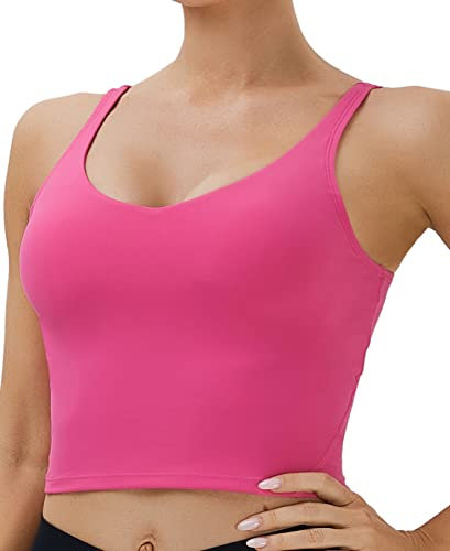 Oalka Sport-BH für Damen, lang, gepolstert, bauchfrei, Yoga-BHs, Workout, Fitness-Top, Knallpink (Hot Pink), small