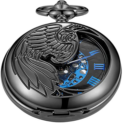 Tiong Black Half Side Hollow Carved Wing Pattern Mechanical Pocket Watch,Roman Digital dial Mechanical Pocket Watch for Men