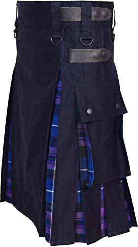 Kilts Herren Kilts für Herren, Übergröße, schottische Hybrid-Kilts aus Baumwolle und Schottenkaro, mit Lederriemen, Schwarz, Black & Pride of Scotland Tartan, 44