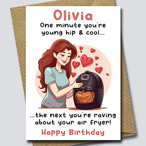Funny Air Fryer Birthday Card for Her – Personalised Name Cooking & Baking Joke Greeting Cards for Mum, Wife, Daughter, Sister, Girlfriend, or Friend