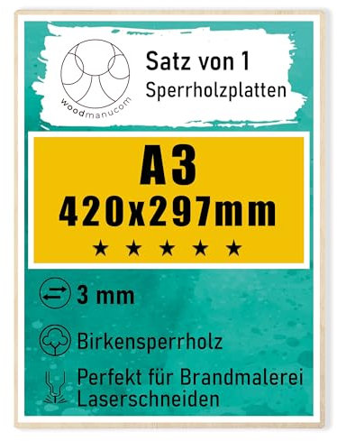 woodmanucom Sperrholzplatte 3mm 1x A3 420mm x 297mm Platten Aus Birkensperrholz Birkensperrholz Dünne Holz Zuschnitte Bastelholz Platte Sperrholz Holzplatte Laser Basteln Modellbau Holz Deko