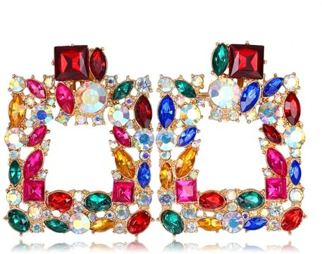 Kakonia Strass Rechteckig Statement Geometrische Tropfen Ohrringe - Marquise Hängend Großes Retro Vintage Rosa Bunt Boho Schmuck Set für Damen