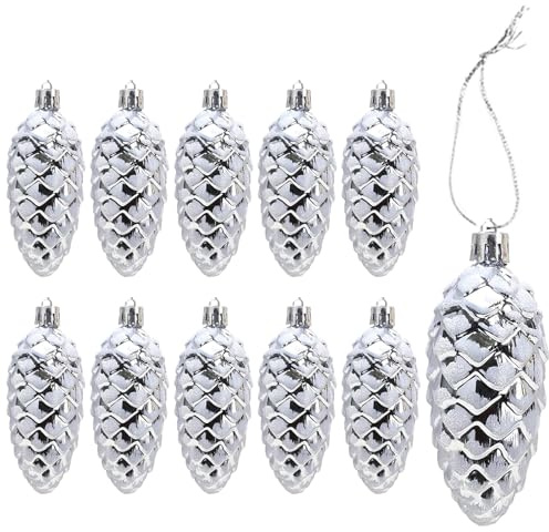 DAHI 10X Glitterati Decorazioni albero di Natale Argento - Palline a Forma di Pigne Grandi - Pigne per Albero di Natale - Decorazioni Palline Natalizie (Argento-a)