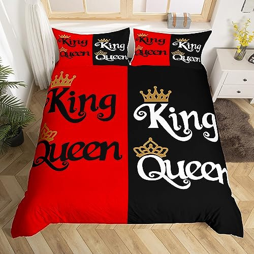Cartoon Crown Queen King Bettwäsche Set L Größe,Paar Liebhaber Bettbezug Set,Teens Frau Männer Zimmer Dekor,Rot und Schwarz Tröster Abdeckung Valentinstag Hochzeit Thema Quilt Cover,2 Kissenbezug