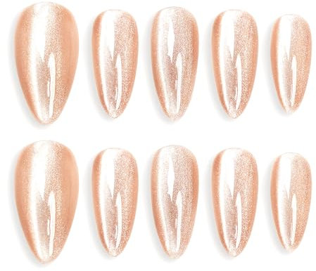 Sun&Beam Nails Handgefertigte Kunstnägel Mittel Lang Mandel Nägel zum Aufkleben in Beige Gelb Magnetisches Minimalistisch Glänzend Design mit Klebepads 10 Stück (#121 M)