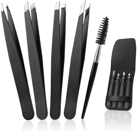 Alyvisun 5Pcs Profesional Pinzas Depilar, Portátil Acero Inoxidable Pinzas Cejas, Recubrimiento Antideslizante De Textura Adecuado Para La Eliminación De Pelo Femenino Y Masculino(Negro)