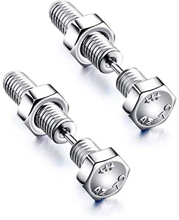 Boucles d'oreilles à tige à vis cool pour hommes, Boucle d'oreille à visser en acier inoxydable bijoux de perçage à l'arrière, Vis de perçage Boucles d'oreilles créoles Clou d'oreille (Argent)