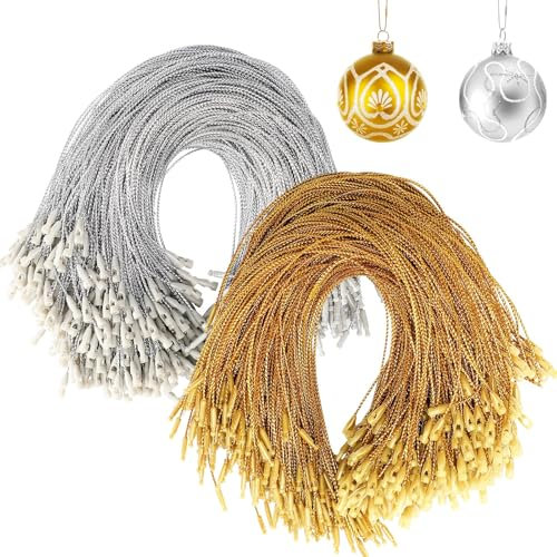 JUNEBRUSHS 600 ganci per ornamenti natalizi, ganci per ornamenti con cordino a scatto per albero di Natale, feste, decorazioni da appendere, corde facili e veloci (oro argento)