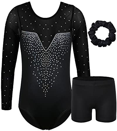 ZNYUNE Gymnastikanzug Hose mädchen Turnanzug Ärmellos/Langarm turnkleidung mädchen Gymnastik Tumbling Tanz Hose B203 SequinBlack 12A