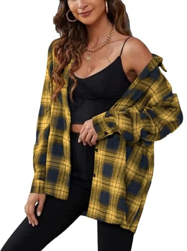 Zontroldy Chemise à carreaux en flanelle pour femme - Manches longues - Boutonnée - Chemisier à carreaux de buffle, Noir/jaune, Taille M