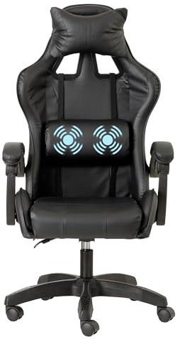 Baroni Home Silla de Gaming Ergonómica con Masajeador Lumbar, Silla de Oficina con Respaldo Reclinable con Cojines Ajustables Reposacabezas y Soporte de Espalda, 50x55x117 cm (Negro)