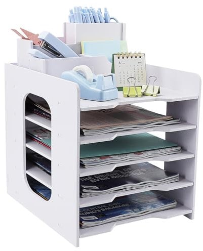 IOUGDSEC Letter Tray Desk Organiser with Filing Trays, 5 Tier Paper File Tray with Pen Holder For Office Desk, A4 Desk Tidy Organiser File Document Holder For Office Home School, White