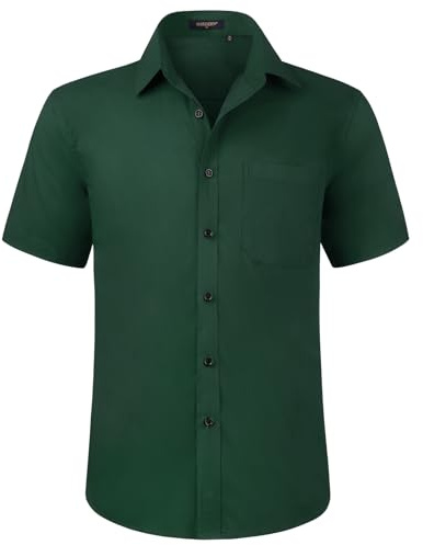 HISDERN Mens Short Sleeve Dark Green Shirt Regular Fit Casual Formal Shirts Button Down Business Dress Shirt Non Iron,S
