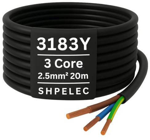 SHPELEC® FLEXIBLE Black Cable 3183Y 0.75mm, 1.0mm, 1.5mm, 2.5mm BASEC Approved Black PVC LED Lighting 5m 10m 15m 20m 50m (2.5mm 3 Core - 20metres)