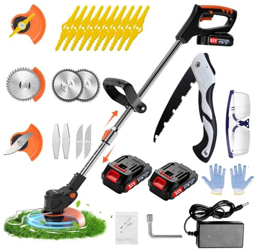 Desbrozadora electrica, Desbrozadora Batería, Cortabordes Bateria 21 V, Cortabordes electrico 4 en 1,Desbrozadora Longitud retráctil, Adecuado para Jardines, céspedes, Villas.