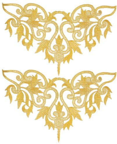 NBEADS 2 Stück Goldene Blumen Stickerei Aufnäher, Kronen Metall Applikation Ethnisch Metallisch Zum Aufbügeln Ranken-Spitzen-Applikation Polyester Für Hochzeit Ballkleid, 35x21.5cm