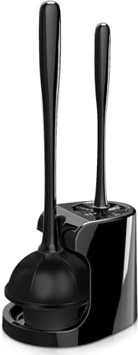 2 in 1 Toilet Brush and Plunger Set - Toilet Brush with Solid Handle, Stand and Holder for Deeply Cleaning in Bathrooms - Plastic Toilet Brush and Holder Set in Black