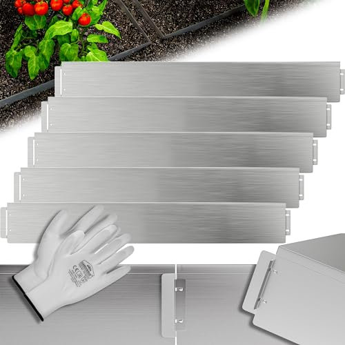 GARDEBRUK® Rasenkante verzinkt 5m 10m 15m 20m 25m 30m 35m 40m 45m 50m 100x15cm oder 100x18cm verzinkt Handschuhe Beeteinfassung Mähkante Palisade Metall, Silber (Länge 50m - Höhe 18cm)