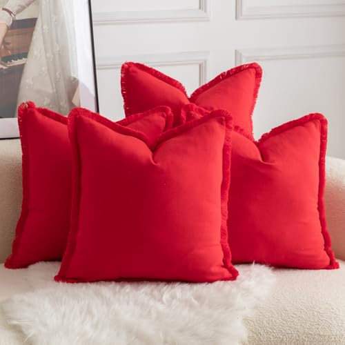 Mandioo 4er Set Neutralen Baumwolle Kissenbezug 50x50cm Herbst Quasten Dekorative Kissenbezüge Boho Sofakissen Dekokissen Kissenhülle für Couch Sofa Schlafzimmer Wohnzimmer Rot