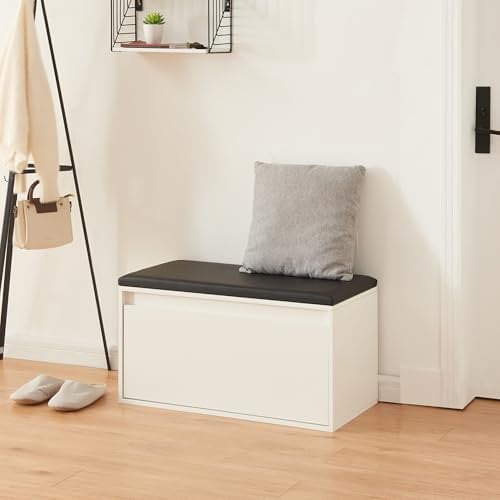 [en.casa] Sitzbank Degerfors mit Schublade 80 x 39 x 45 cm Schuhbank Schuhtruhe mit Sitzfläche Garderobenbank mit Sitzkissen Sitzkommode Schuhschrank Weiß/Schwarz