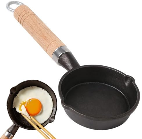 Generic Small Cast Iron Frying Pan | Non-Stick, Wooden Handle, S, 12cm Diameter, Omelets, Dumplings, Noodles, Soup