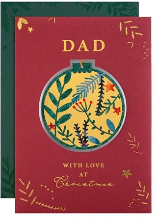 Hallmark Dad Christmas Card, Foliage & Bauble Design, Hanging Keepsake | Gold, Burgundy, 22.8cm X 15.9cm, Green Envelope, Detachable Die-cut Hanging Attachment
