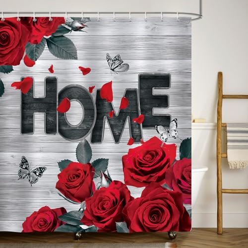 Bonhause Duschvorhang Valentinstag Rote Rose Blumen Retro Vintage Home Duschvorhänge 180 x 180 cm Anti-Schimmel Wasserdicht Polyester Stoff Waschbar Bad Vorhäng für Badzimmer mit 12 Haken