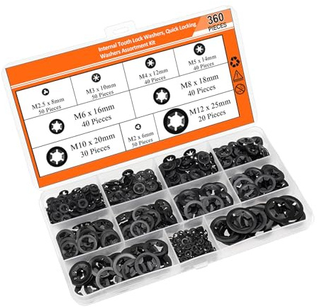 Set di 360 rondelle interne per denti da 2/2,5/3/4/5/6/8/10/12 mm con clip di fissaggio a pressione assortite, kit di fissaggio durevole