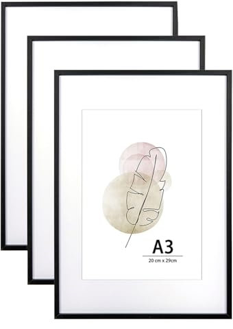 KAIWIN Bilderrahmen A3 Schwarz Holz Fotorahmen 3er Set Holzrrahmen mit Passepartout zum aufhängen Benutzt für Wohnzimmer, Schlafzimmer, Arbeitszimmer, für Fotos, Kunstwerke und Poster
