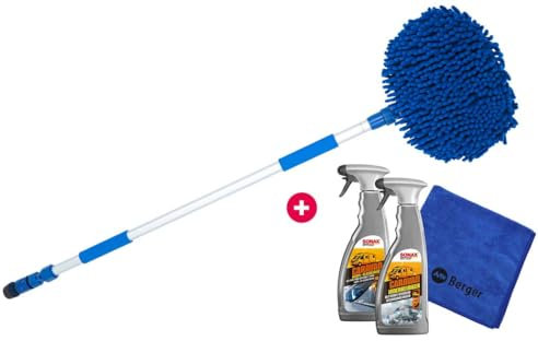 BERGER Waschbürsten Set 4-teilig inkl. Mikrofasertuch & Sonax Reiniger | Teleskop Waschbürste ausziehbar auf 165 cm | Für Wohnwagen, Auto, Fenster & Wintergarten | Scheiben- & Innenreiniger