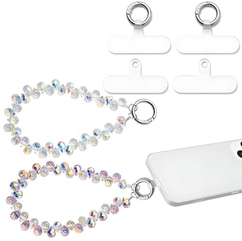 agogue 6 Stück Handykette Perlen, Handykette Kurz Perlen, Handy Handschlaufe, Handyketten Phone Chain 2 Stück Handykette Weiß Violett mit 4 Pads (15 cm)