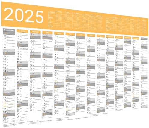 Kalender 2025 Wandkalender groß | Familienkalender | Jahreskalender 97x67 cm | Inkl. Feiertage nach Bundesländern | Wochenplaner | Orange