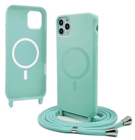 Bigcousin Funda Magnética con Cuerda Compatible con iPhone 11 Pro MAX,Compatible con Magsafe,Silicona Caso con Correa Colgante Ajustable Collar Correa de Cuello Cadena Cordón,Verde Menta