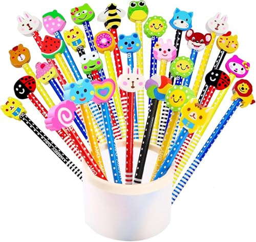 Bleistifte mit Radiergummi, niedliche Bleistiftgeschenke für Kinder, zufällige Cartoon-Bleistifte mit Radiergummis, Aufsätze für Zuhause, Büro, Schulbedarf, 36 Stück