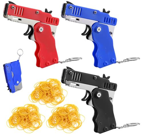 TVSVKWE 3-Piece Gun Model Keychain And 180-Piece Rubber Band, Creative Toys, Children'S Toys, Metal Foldable Pendants.