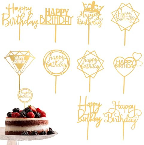 20pcs Happy Birthday Cake Toppers,10 Different Shapes Gold Acrylic Cake Toppers for Decorations Glittering Cupcake for Birthday Event Party Supplies
