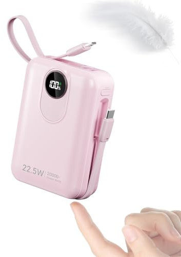 Power Bank da 20000 mAh con cavo integrato: batteria esterna da 22,5 W, ricarica rapida per cellulare, USB C (input & output), batteria Power Bank con 4 uscite e 2 ingressi rosa