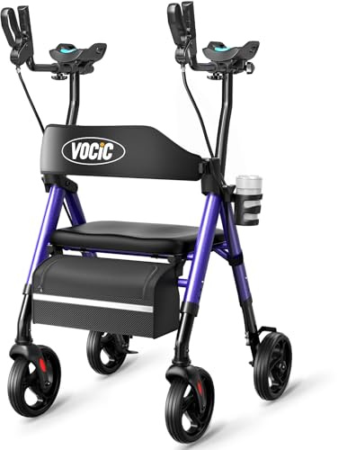 VOCIC Z22 Upright Walker,Rollator Walker with Adjustable Armrests,136KG Max | Foldable Rollator for Seniors,GelCool Stand Up Walker with Ergo Seat & Backrest, 20cm All Terrain,Cup& Cane Holder,Red