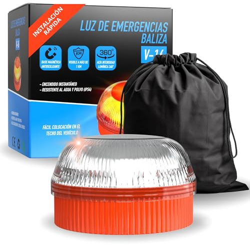 Baliza V16 | Luz de Emergencia para Señalizar Accidentes de Coche y Moto | Substituye Triangulo | Incluye Funda Negra | Sin GPS | Imanes Magnéticos | Funciona con 3 Pilas AAA | Alta Visibilidad (1 Ud)