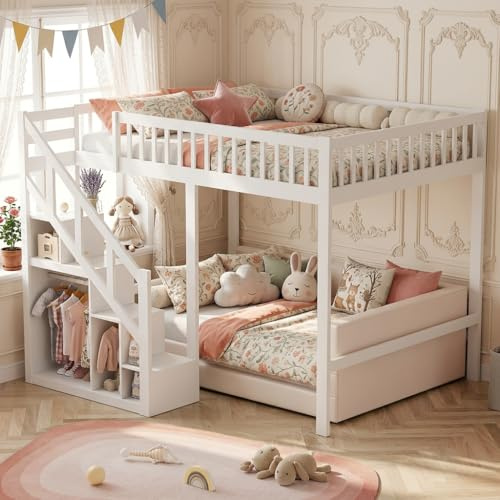 Hochbett 140x200 mit Treppe und Stauraum,Kinder Hochbett aus Massivholz | Kinderbett mit Absturzsicherung,Etagenbett mit Schrank und Aufbewahrung,Platzsparendes Kinderbett,Weiß
