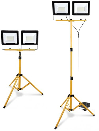 JoyCushy Work Light, 200W LED 2 Adjustable Head Floodlight with Stand, 21000 Lumen, 169.5cm Cord Individual Switch IP66 Waterproof Foldable Tripod for Indoor Outdoor Job Site Workshop Garage