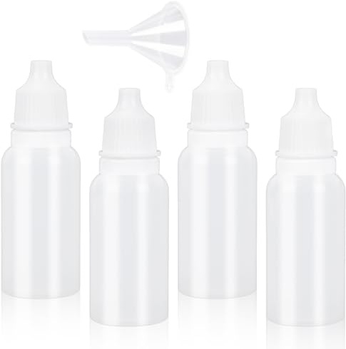 Fukaisu 5pcs(4 Bottles + 1 Funnel) 0.5oz/15ml Small Plastic Dropper Bottles, Mini Empty Eye Liquid Dropper Bottle with Cap & Plug Squeezable & Portable Travel Containers for Eye Drop (White)
