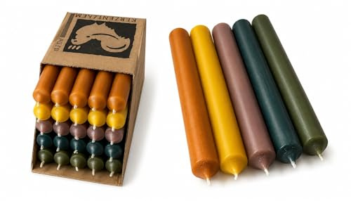 Stabkerzen Set 25 Stück – durchgefärbt & tropffrei – 2,2 cm Ø, 18 cm lang – Made in Germany – Premium Kerzenmix in Ocker, Curry-Gelb, Braun, Oliv-Grün & Dunkelgrün – lange Brenndauer (Set 18)