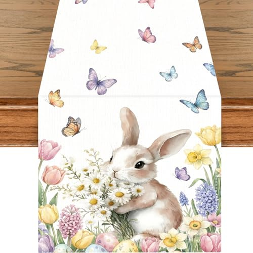 Afritee Ostertischläufer Tulpe Hase Tischläufer, Blumen Saisonnal Tischläufer Ostern Dekoration, Küche Table Runner Tisch Dekoration 30*180cm