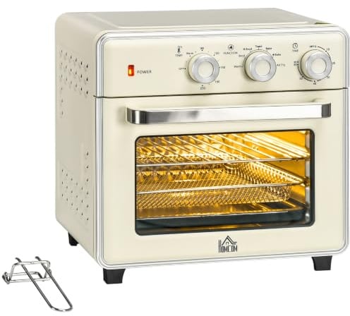 HOMCOM Mini Forno Elettrico 20L Ventilato 1400W con Aria Calda Crema | Forno da Tavolo Multifunzione, 90–230°C, Timer 60 Min, 5 Modalità, Luce Interna, Doppio Vetro, Accessori Inclusi