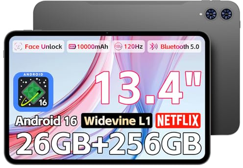 TECLAST T65 Tablet 13.4 Inch, Android 16 Tablet, 26GB RAM 256GB ROM(TF 4TB), 10000mAh, 120Hz, 2.2GHz gaming Tablet, 4G LTE Dual SIM,1920x1200 IPS, Quad-Core Large Tablet, 5+13MP, GPS, Widevine L1