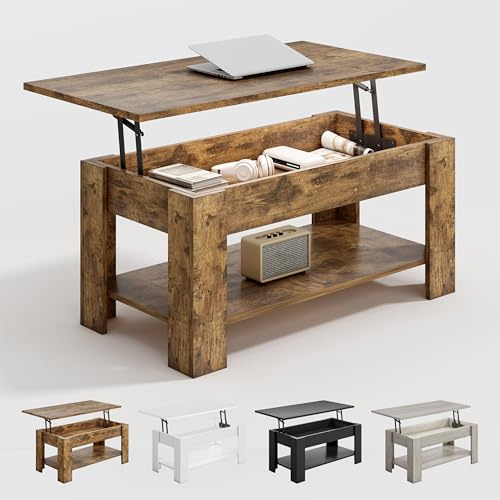 mcc direct Lift-Top Coffee Table with Hidden Storage & Open Shelf – Versatile Wooden Tea Table for Living Room or Reception (Brown)