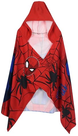 Marvel Spiderman Badeponcho für Kinder, Rot und Blau, 70 x 140 cm, mit Kapuze, Schnelltrocknend, für Strand und Bad Kapuzentuch Cape Strandtuch, Badetuch, Jungen-Wickelmantel